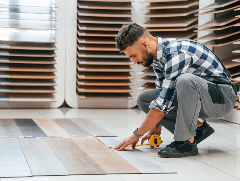 Man in grey uniform is with parquet indoors.